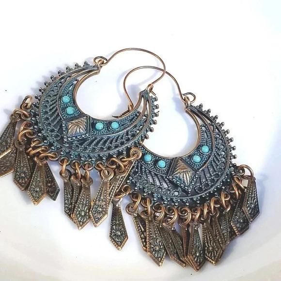 Antique Copper Verdigris Blue Green Patina Edgy Geometric Dangles Earrings - Picture 1 of 8